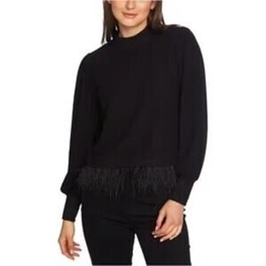 Aritzia 1. STATE‎ Black Fringe Faux Feather Mock Neck Sweater - Size Small